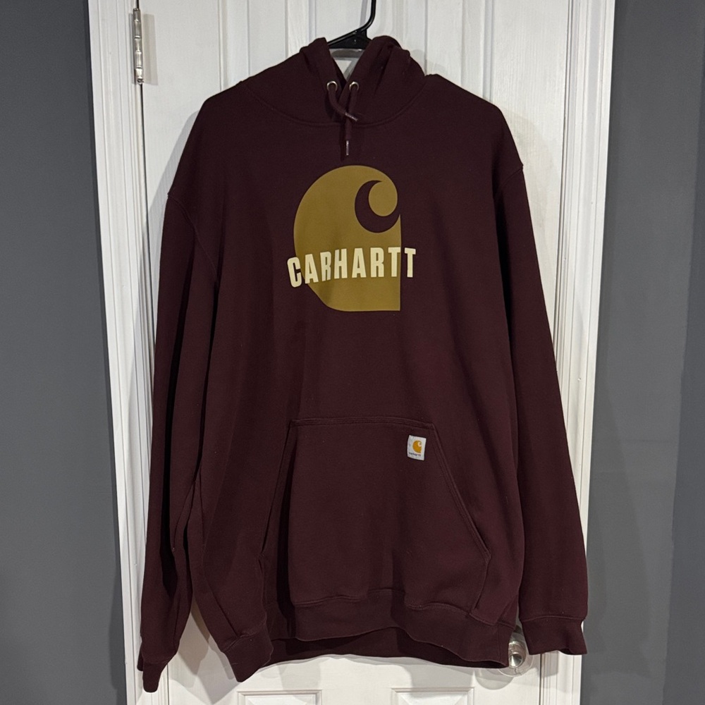 Carhartt Men's Maroon Loose Fit Hoodie with Gold Logo
